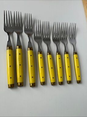 Vintage Bonniers France Yellow Handle Fork Set Brass Accent French Flatware